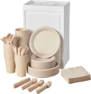 350Pcs Biodegradable Dinnerware Set - Disposable Dinner Plates, Wooden Cutlery - Picture 1 of 6