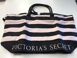 Victoria's Secret Weekender Tote Bag Pink & Black Stripped Large expandable NEW - Picture 1 of 5