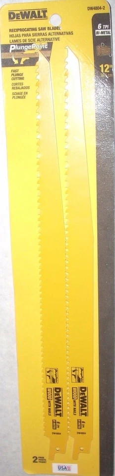 Hojas de sierra recíproca Dewalt DW4804-2 12" x 6 TPI madera con punta de inmersión de clavos paquete de 2 Foto 1 de 1