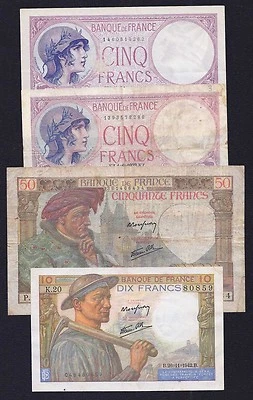 FRANCE 4 notes 5 + 10 + 50  FRANCS 1933 + 1939 + 1941 + 1942   P-93+99+72+83    - Image 1 of 2