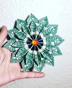 Argent Origami fleur ornement couronne 12 vrais billets de 1 $ graduation cadeau de Noël - Photo 1/12