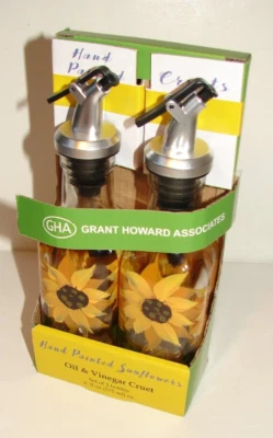 GHA Oil & VINEGAR Cruet Bottles SET by GRANT HOWARD Hand Painted Sunflowers NEW - Image 1 of 4