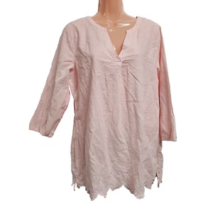 Croft & Barrow Popover Eyelet Top Blouse Shirt Women Size L Pink Cotton - Picture 1 of 13