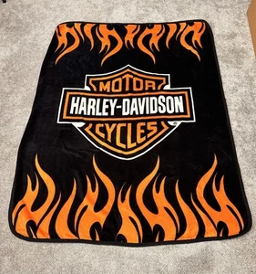 Super Soft Plush Classic Black Harley Davidson Blanket Flames - Picture 1 of 9