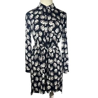 Diane von Furstenberg DVF Black White Floral Rose Silk Blend Shirt Dress 14 EUC - Image 1 of 4