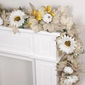 6FT Fall Garland With Artificial White Pumpkins, Berries, Sunflowers and Leaves - Picture 1 of 6