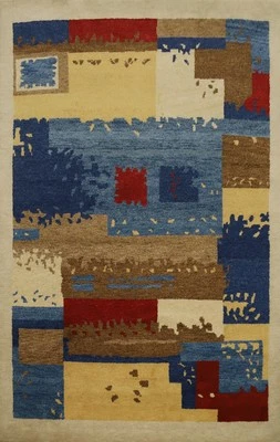 Patchwork Modern Area Rug 5x8 ft Hand-knotted Wool Indian Carpet - Image 1 of 4