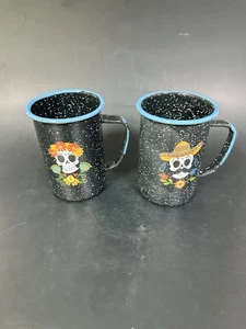 Day Of The Dead 5" Sugar Skull Cup Mug Green Black Speckled Graniteware Metal - Picture 1 of 4