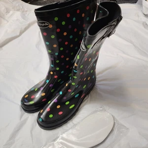 Botas de lluvia impermeables de goma negras arco iris polkadot para mujer talla 10  - Imagen 1 de 9