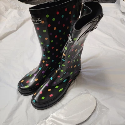Botas de lluvia impermeables de goma negras arco iris polkadot para mujer talla 10  Foto 1 de 4