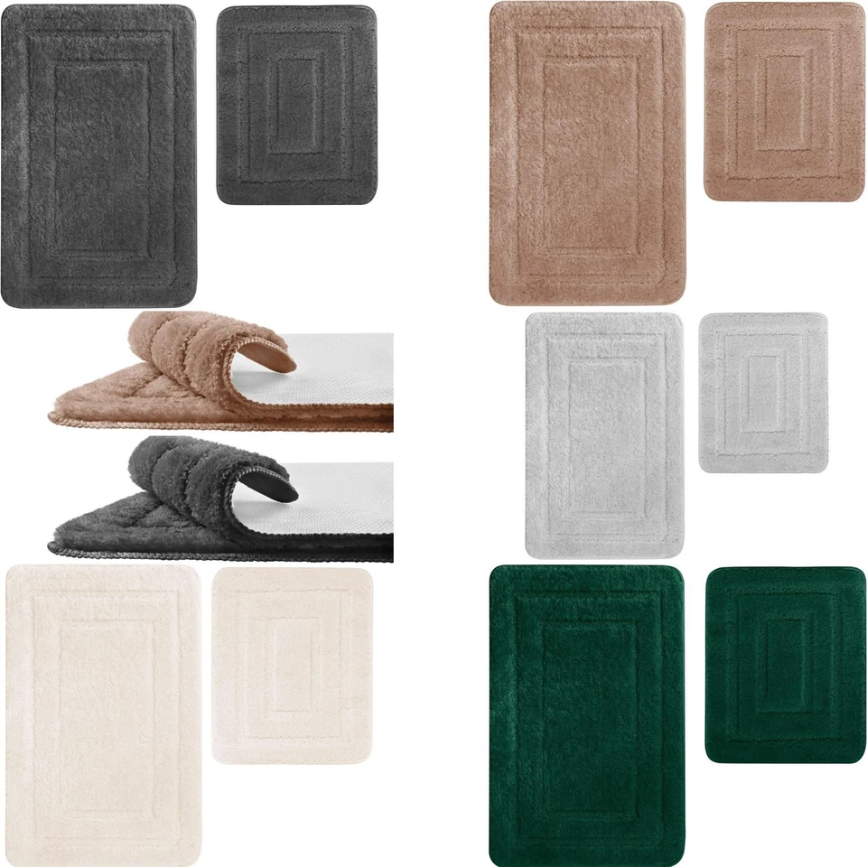 2 Tlg Badematte Badteppich Badvorleger Rutschfeste Grau Braun Grün Graphit Beige - Bild 1 von 1