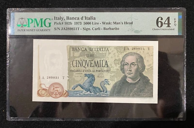Italy Banca d Italia 5000 Lire 1973 Pick#102b PMG 64 EPQ Choice UNC - Image 1 of 2
