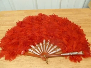 Vintage 18" Red Plume Burlesque Feather Hand Fan Wood Celluloid Plastic Handle - Picture 1 of 8