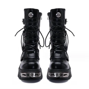 New Rock Boots Punk Unisex Metallic Black Leather Platform Biker Boots