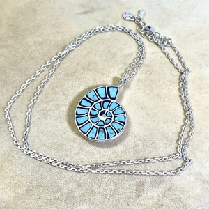 Lucky Brand Ammonite Silver Tone Necklace With Faux Turquoise Inlay, Boho - Picture 1 of 8