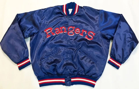 Vintage Felco MLB Texas Rangers Baseball Bomber Satin Jacket L Blue USA Thin Cover