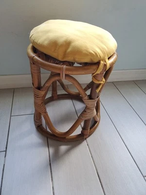 Vintage MCM Bamboo Bentwood Rattan FootStool Ottoman Coastal BoHo Cushion 13"  - Image 1 of 4