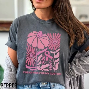 Personalized I Wear Pink Breast Cancer Awareness Shirt, Boho Floral Ribbon Tee - Picture 1 of 7