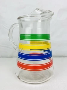 VTG Libbey Glass Primary Colors Striped Pitcher Rainbow w/ Handle Ice Lip 9 1/2" - Picture 1 of 9