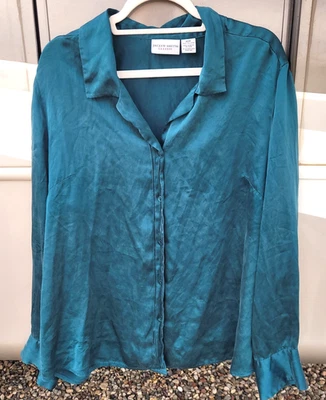 Vtg 90s Jaclyn Smith Teal Green 100% Silk Blouse Size 22W Long Sleeve Grunge - Image 1 of 4