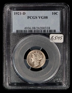 1921-D 10c Silver Mercury Dime - Original Key Date Coin - PCGS VG 8 - SKU-B5145 - Picture 1 of 4