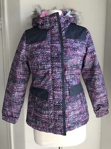 Warm Winter Coat Jacket Child size Large 10-12 Pink Gray Removable Faux Fur Hood - Picture 1 of 20