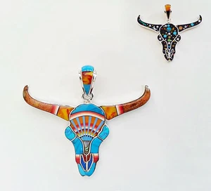 SUPERB CELESTIAL MULTICOLOR TURQUOISE SPINY INLAY .925 SILVER BUFFALO PENDANT - Picture 1 of 3