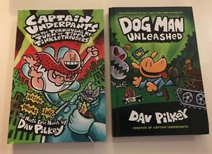 2 x hardcover books Dog Man Unleashed and Captain Underpants by Dav Pilkey - Picture 1 of 2