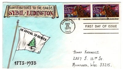 #1559  Sybil Ludington FDC - Herman Maul Hand-painted 1975 Colonial Flag - Image 1 of 2