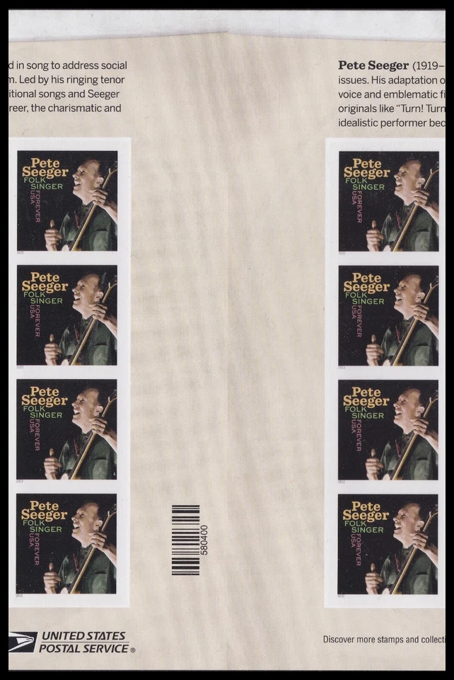 US 5708a Music Icons Pete Seeger imperf NDC vert gutter block 8 MNH 2022 - Image 1 of 1
