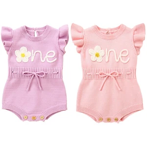 Pagliaccetto in maglia tinta unita ricamo lettere ricamo fiori bambina dolce - Foto 1 di 38