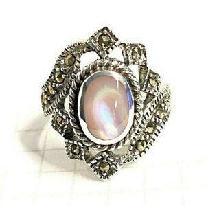 (SIZE 6,7,8) PINK MOTHER OF PEARL Stone RING with Marcasite .925 STERLING SILVER