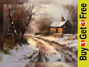 Winter's Embrace - Rustic Cottage Oil Painting Print 5" x 7"