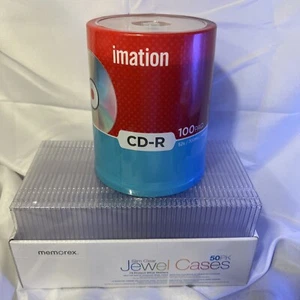 imation 100 pk DVD+R discs, NEW SEALED LOT, MEMOREX SLIM CLEAR JEWEL CASES NEW - Picture 1 of 13