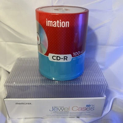 imation 100 pk DVD+R discs, NEW SEALED LOTm + MEMOREX SLIM CLEAR JEWEL CASES NEW - Image 1 of 4