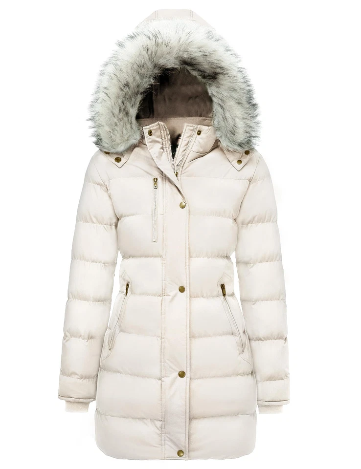 女式冬季保暖松饼外套派克外套带人造毛皮可拆卸连帽 — 第 1/4 张图片