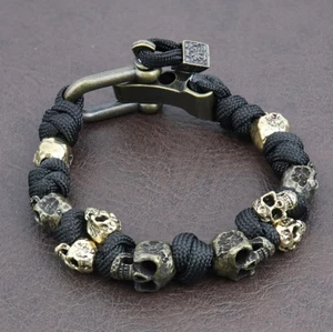Totenkopf Armband aus Paracord verstellbar gothic schwarz gold Edelstahl 21-23cm - Bild 1 von 5