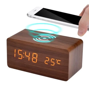 Wooden Digital Alarm Clock with Qi Wireless Charging Pad, Calendar, Temp Display - Picture 1 of 7