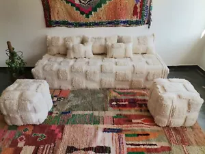 Moroccan Handmade Floor Couch - Unstuffed Wool White Sofa covers + Pillow cases - Picture 1 of 9