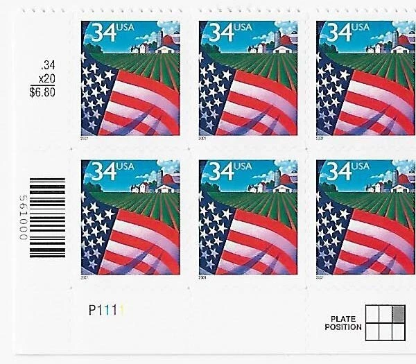US Flag Over Farm 34c Self-Adhesive Plate Block of 6 Scott #3470 - Image 1 of 1