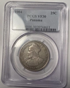 1904 Panama 25 Centesimo PCGS VF30 - Foto 1 di 2