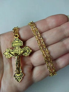 2,25" Gold Pardon Kruzifix Halskette 4mm Gliederkette 24" Vintage Kreuz Italien - Bild 1 von 4