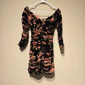 House Of CB Size XS Noella Dress Black Velvet Peach Floral Ruched Off Shoulder - Picture 1 of 8