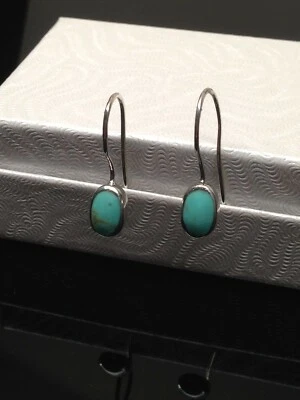 Turquoise Dangle Earrings 925 Sterling Silver Tiny Dainty Oval 7.5mm(0.30")/21mm - Image 1 of 4