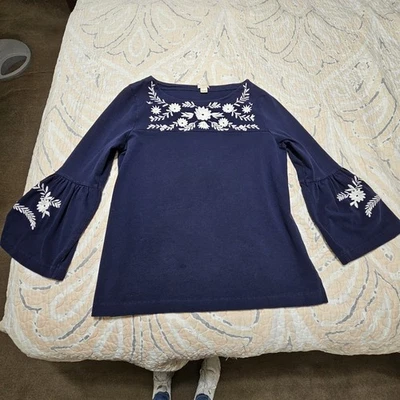 J.Crew Top Women's Size M Navy Blue with White Floral Embroidery Cottagecore - Image 1 of 4