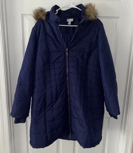 Susan Graver Womens Puffer Coat Removable Faux Fur Trimmed Hood Blue so XL $115 - Picture 1 of 4