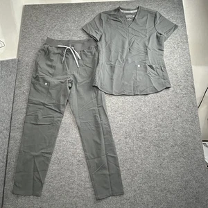 Fabletics Scrub Set Womens Medium Gray Stretch Pants Top Uniform Medical Pockets - Picture 1 of 11