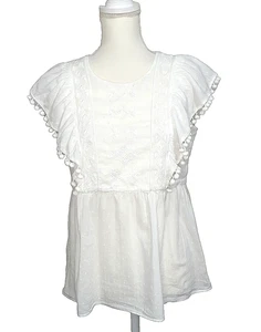 Lilly Pulitzer Top XS White Oversized Short Sleeve Embroidered Pom Pom Boho - Picture 1 of 7