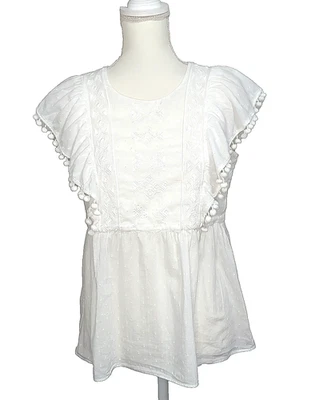 Top Lilly Pulitzer XS Blanco De Gran Tamaño Manga Corta Bordado Pom Pom Boho Foto 1 de 4