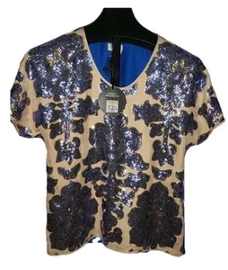 NEW Neiman Marcus Designer Top Size Small V-Neck Blouse Blue Gold Wedding Party - Picture 1 of 12